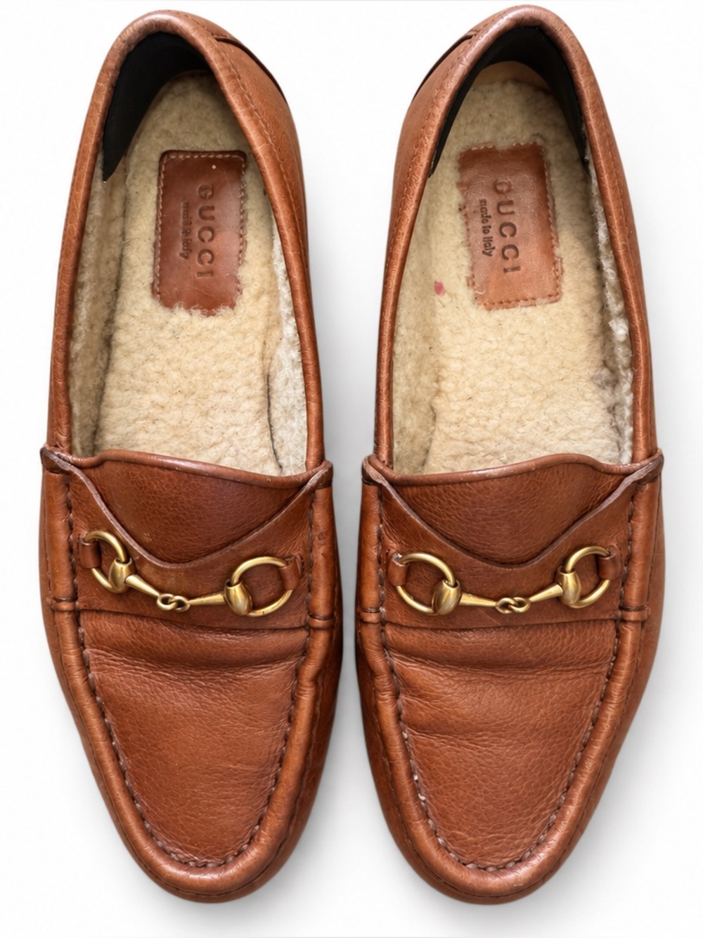 RARE - Classic vintage Gucci Women’s Brown Leather Horsebit Shearling Loafers